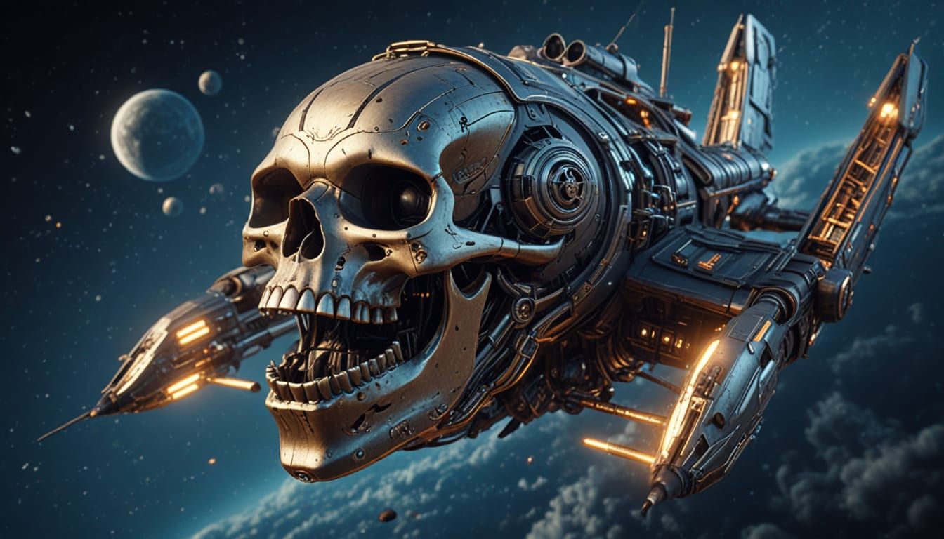 Sci-Fi Pirate Spaceship Glides Above Planet