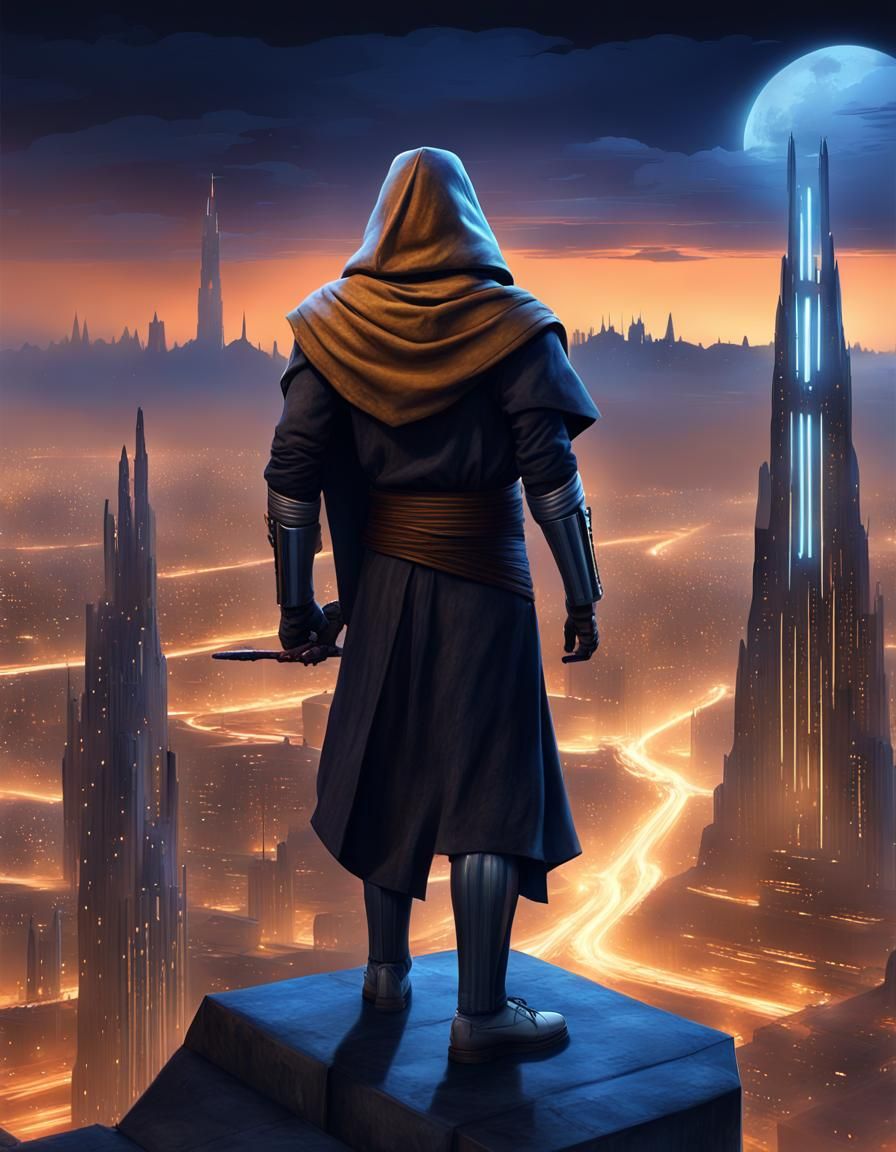 Jedi Knight Observes Coruscant in Dark Fantasy Style