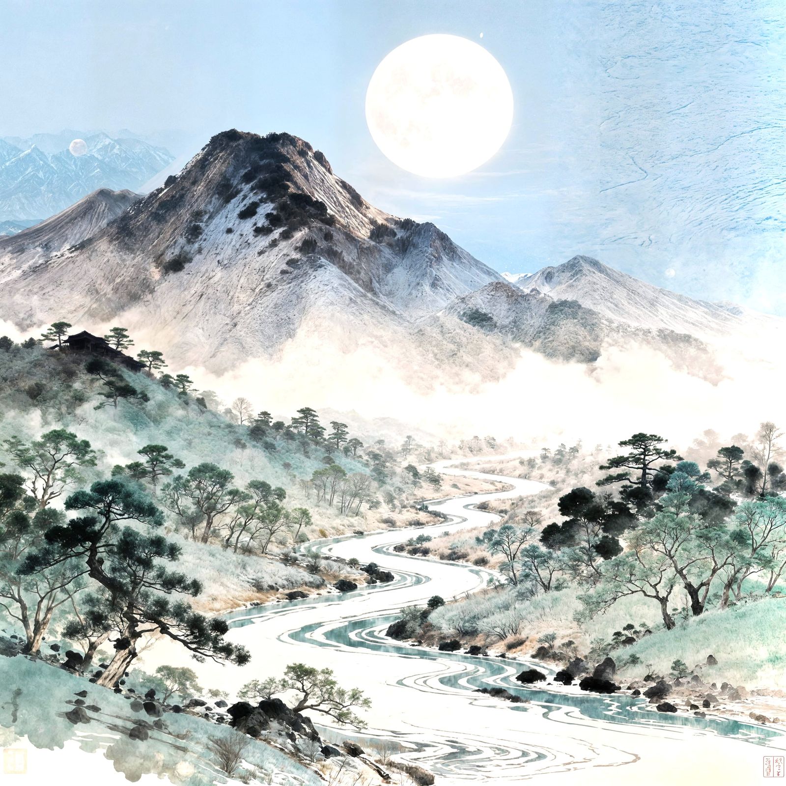 Serene Japanese Mountain Moonlit River Landscape by Sesshu