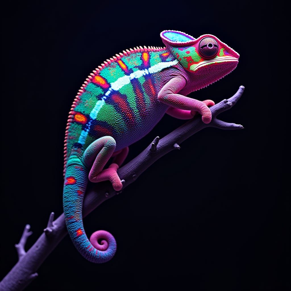 Neon Chameleon Radiates Electrifying Colors on Black Branch