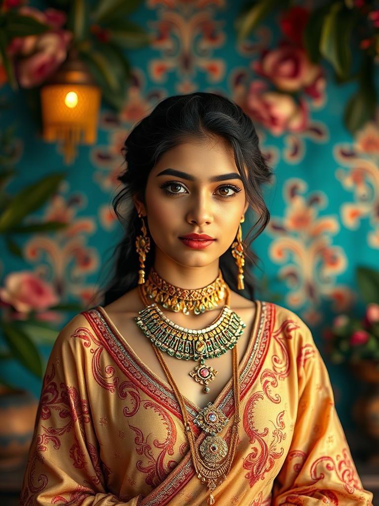 Ornate Portrait of Young Woman in Hyperrealistic Style