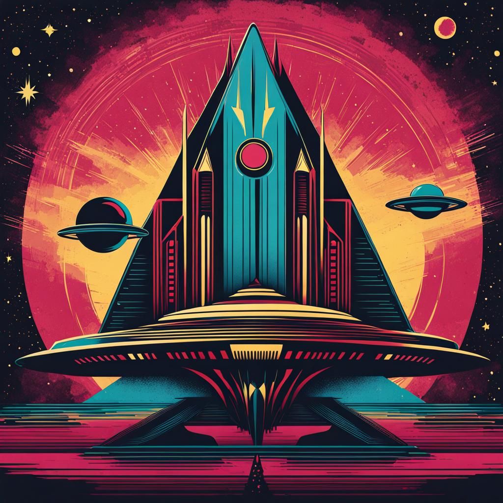 Alien Spaceship Among Stars in Art Deco Style