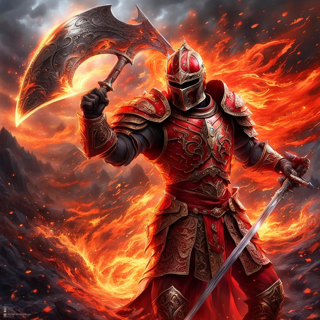 A magnificent knight warrior stands in full glory, clad in b...