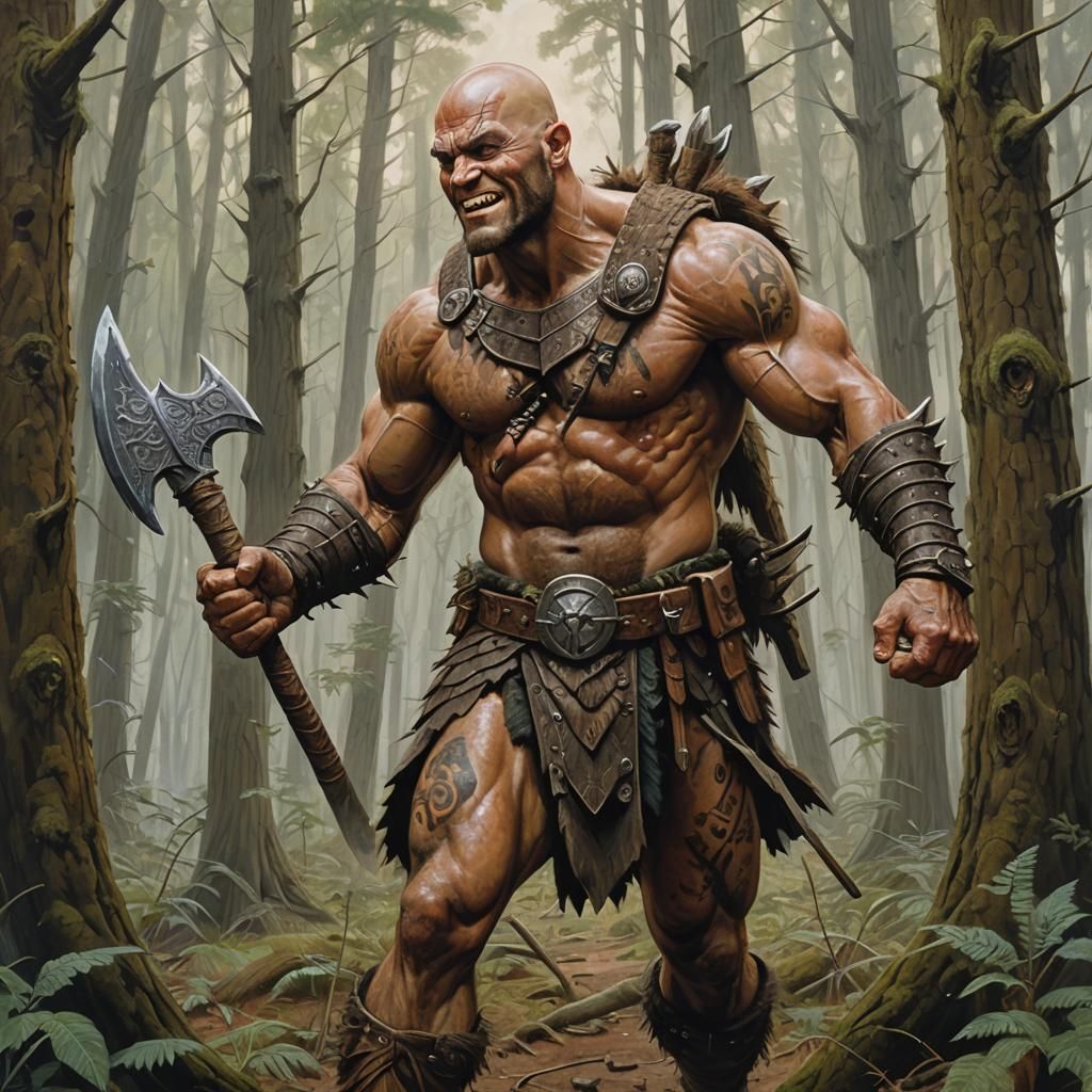 Barbarian Giant in Forest, Oil Painting Style