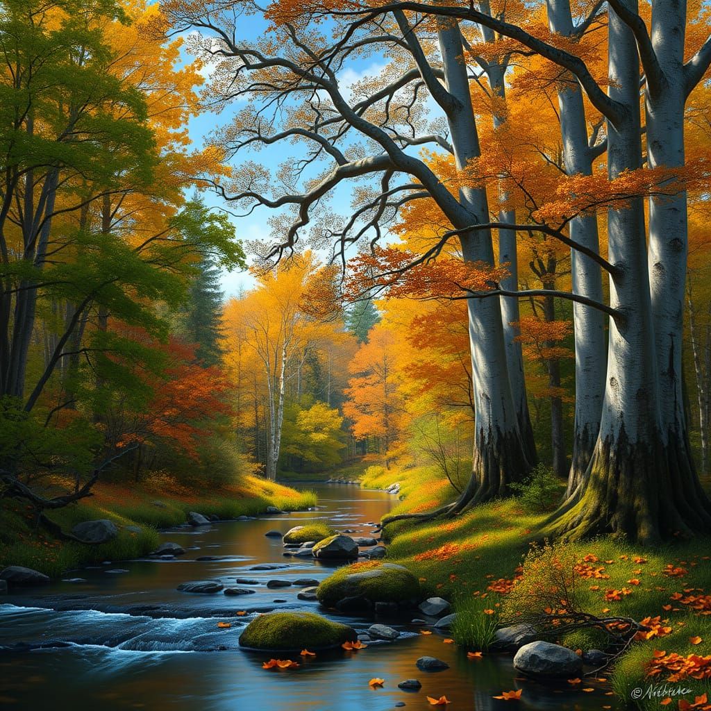 Hyperrealistic Forest Scene with Stream and Autumnal Trees