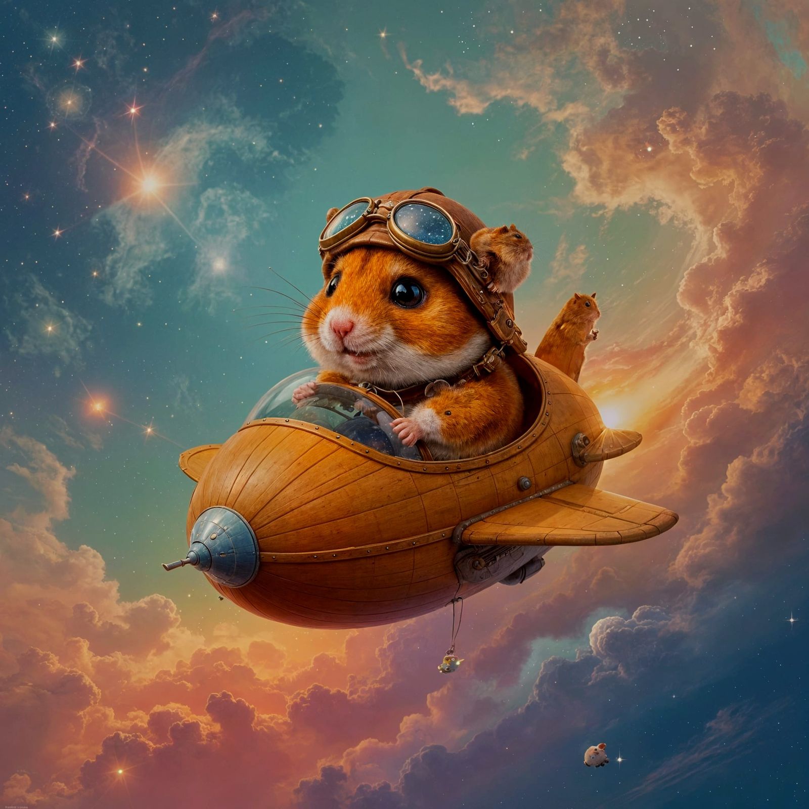 Hamster Pilot Soaring Through Nebula in Acorn Spaceship