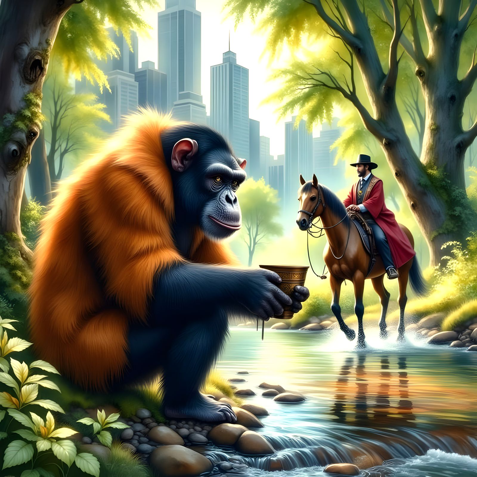 Chimpanzee in Urban Watercolor Painting