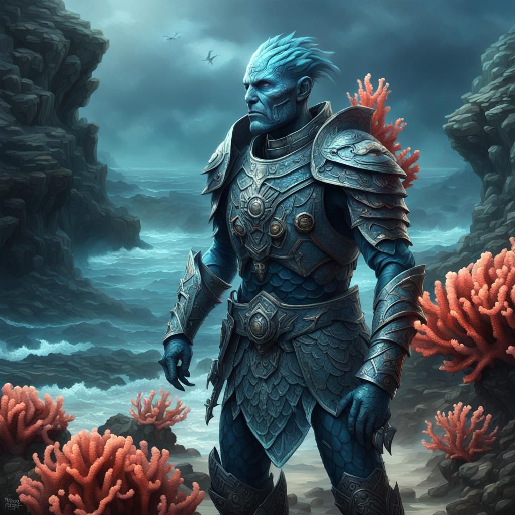 Blue-Skinned Sea Warrior in Coral Armor