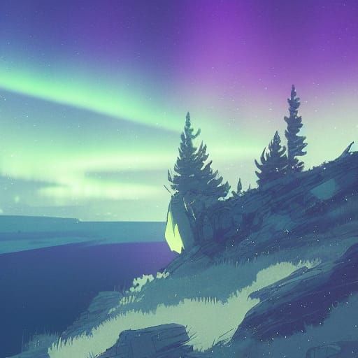 Northern Lights Landscape in Studio Ghibli Anime Style