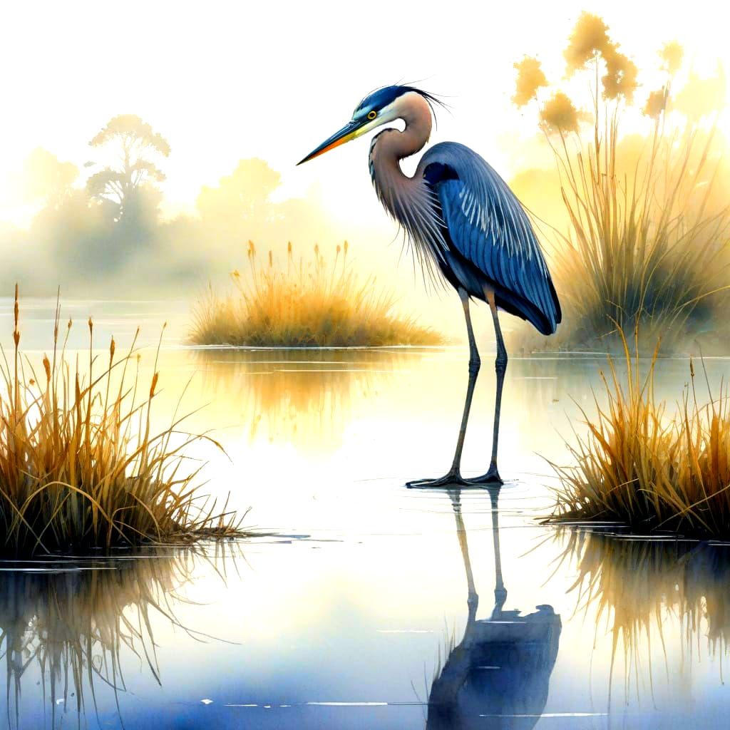 Ethereal Watercolour Heron in Misty Dawn Landscape