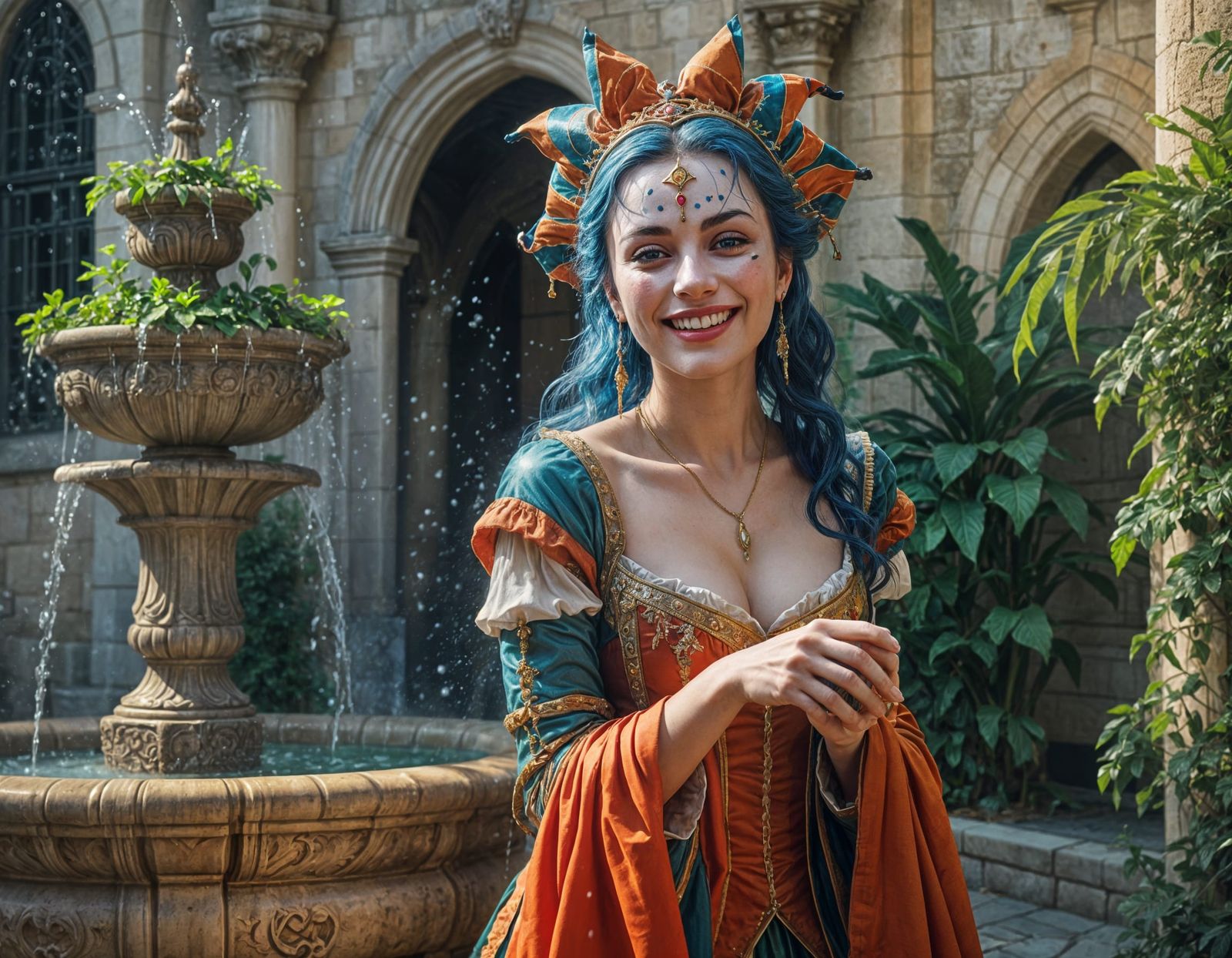 Alluring Jester Dances in Castle Courtyard