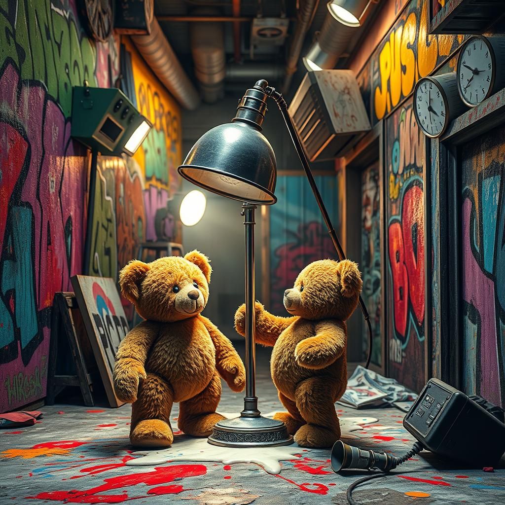 Teddy Bear Accident on Movie Set in Graffiti Art Style