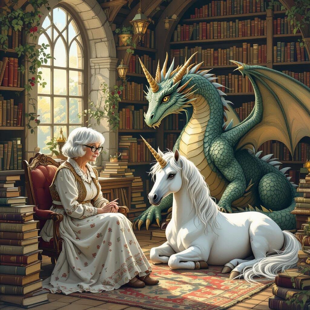 Enchanting Scene: Woman Reads to Unicorn and Dragon