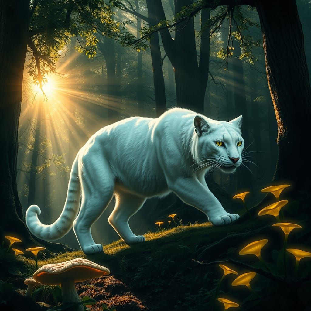 Opalescent Saber-Toothed Cat in Ancient Forest