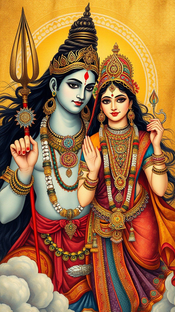 Shiva and Parvati in Traditional Indian Art Style