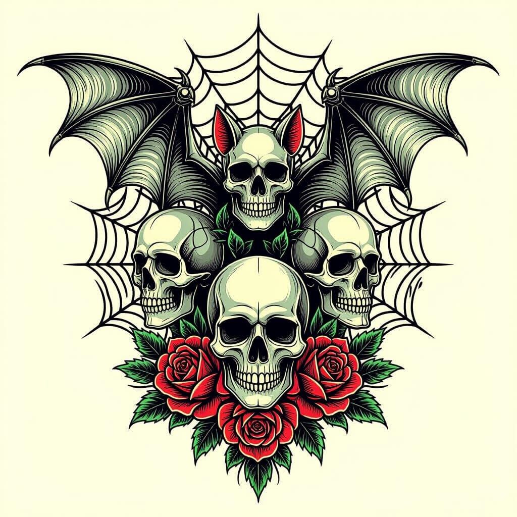 Halloween Tattoo Flash Sheet with Bats, Skulls, and Spiderwe...