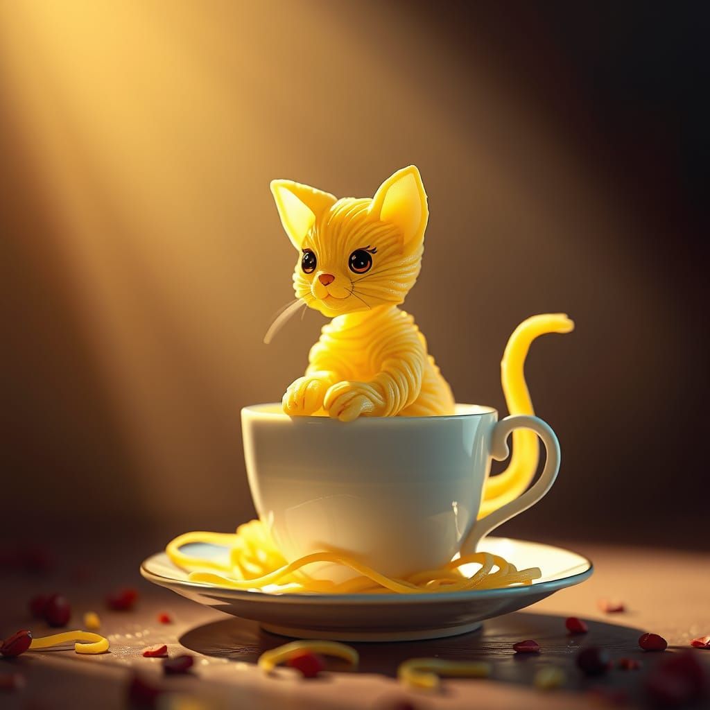 Whimsical Fettuccine Kitten in a Golden Glow