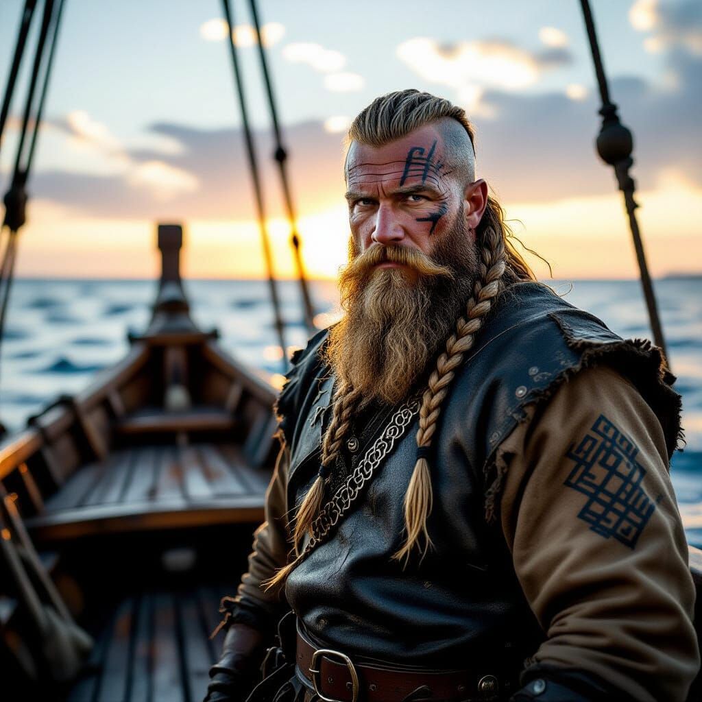 Viking Ragnar Lothbrok on Drakkar, Gritty Photograph