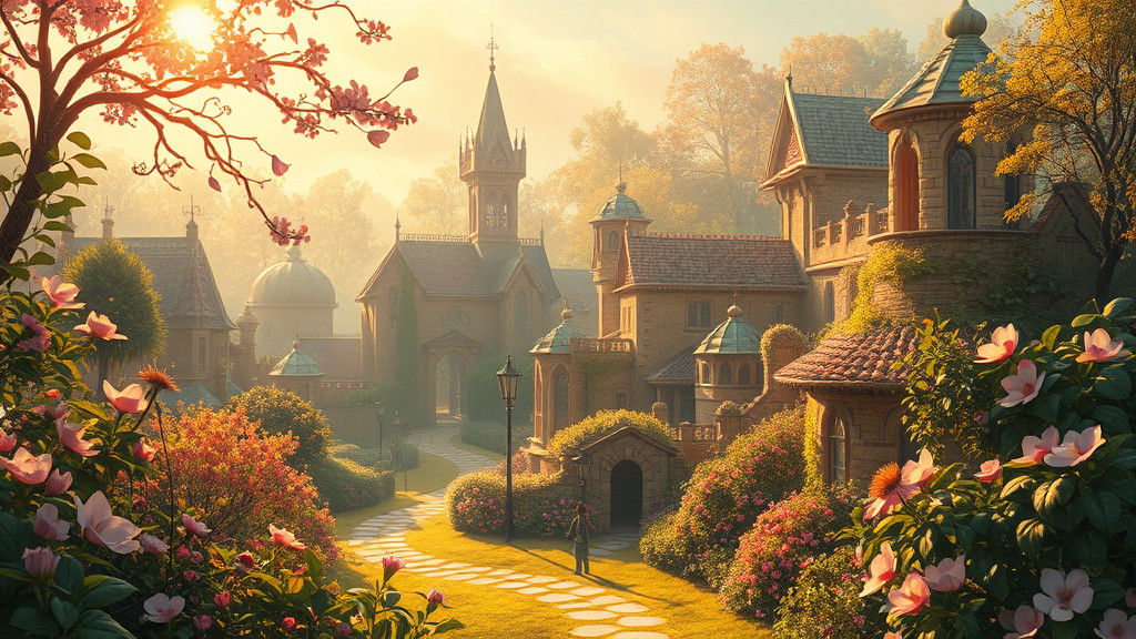 Ethereal Town in Eternal Sunrise Light