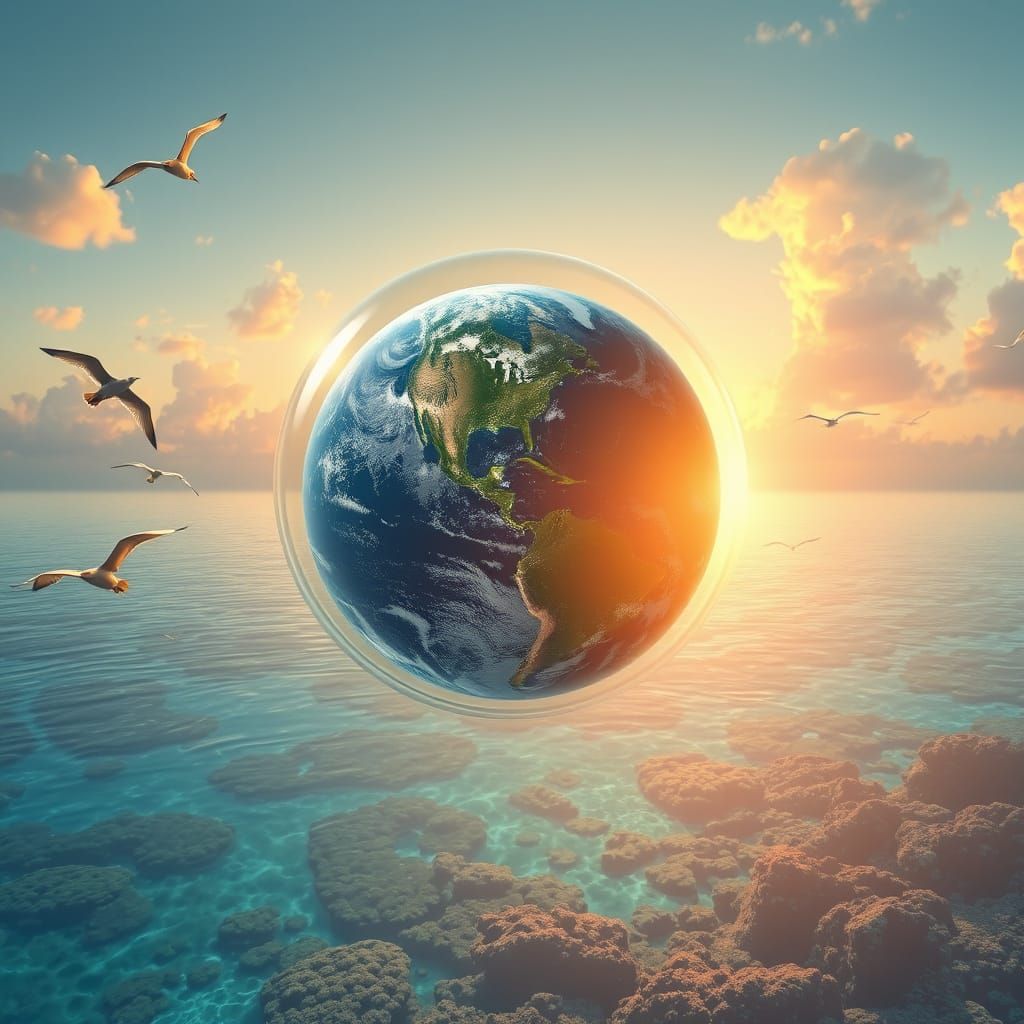 Ethereal Earth Protected in Bubble at Sunset