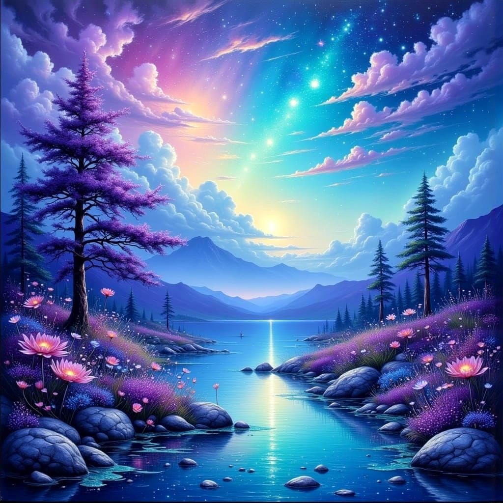 Turquoise and Purple Seascape of Peace and Joy