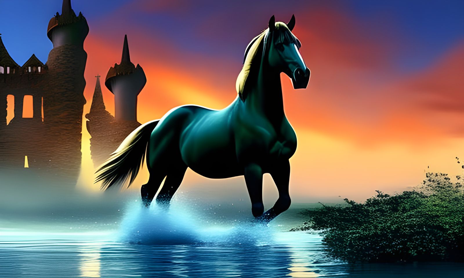 Horse with Castle Fountain in Detailed Matte Painting