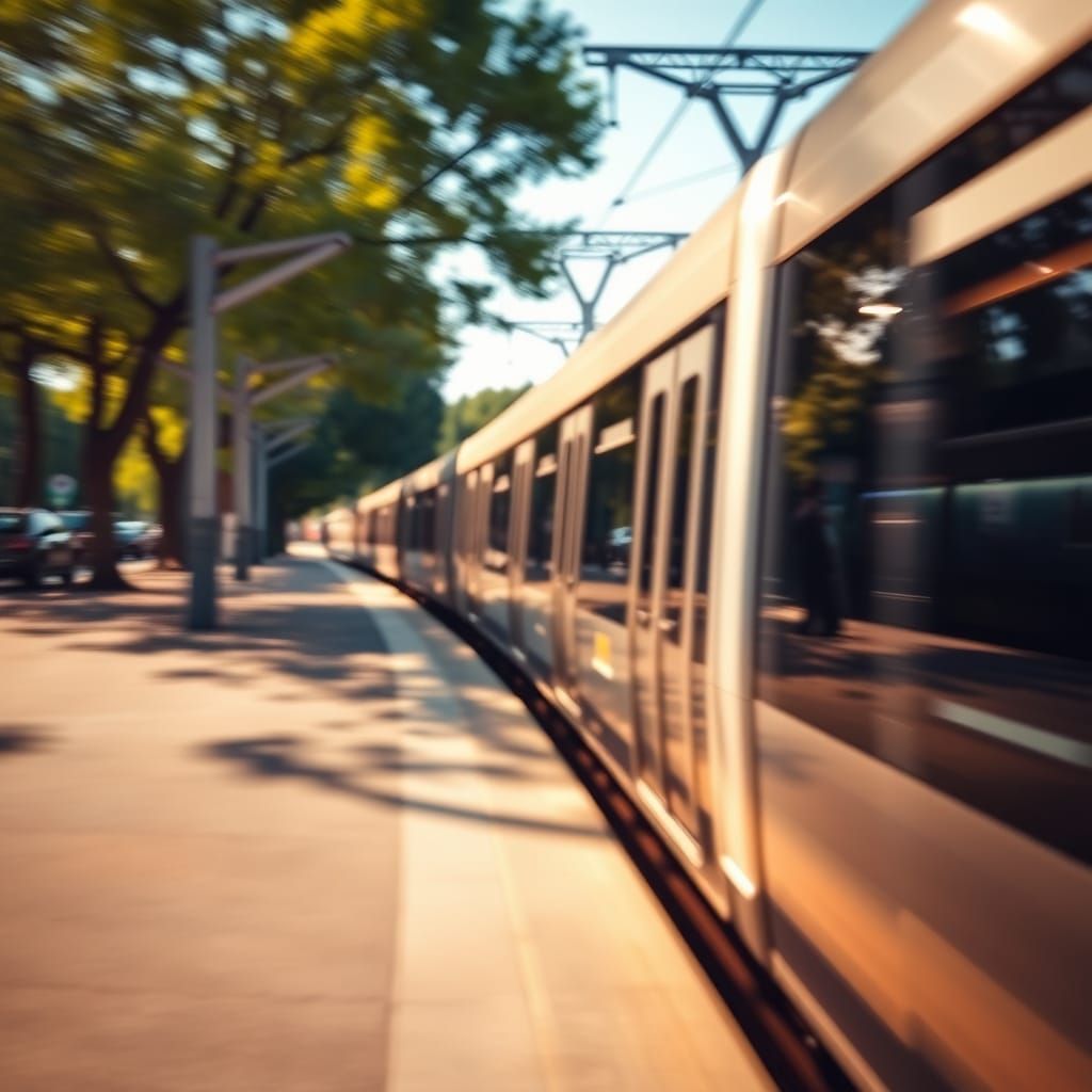 Sleek Modern Light Rail Train Speeds Along Track in Warm Sun...
