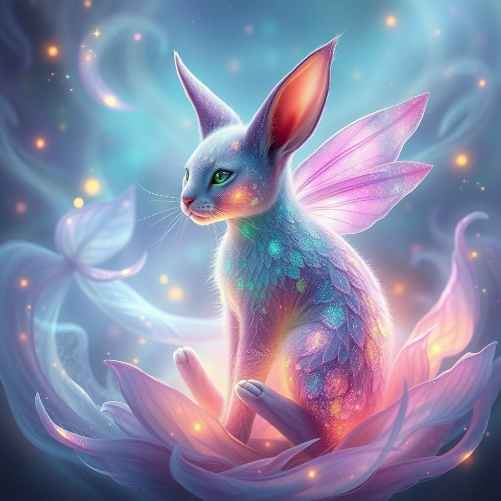 Luminescent Feline Goddess in Iridescent Mist