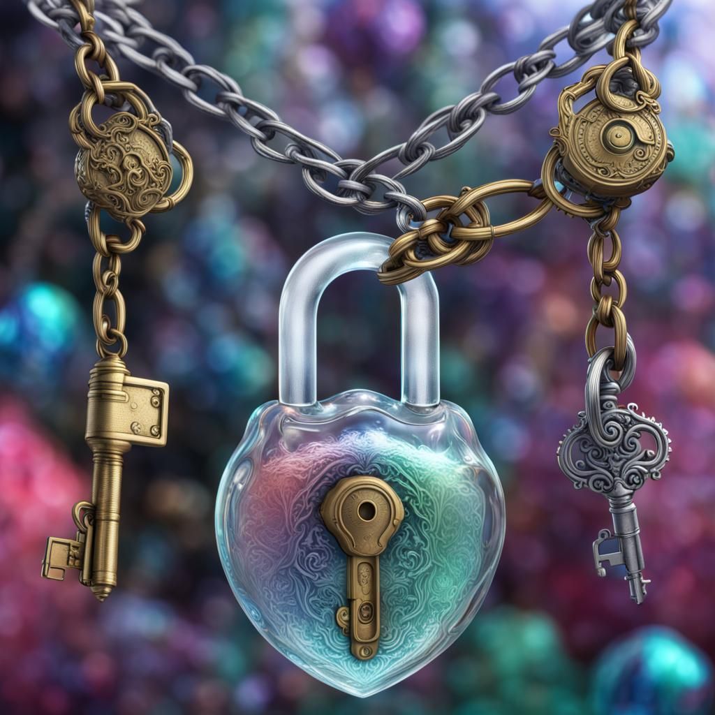 Alchemy Of England Lock & Key Necklace Set made of clear glass, glass texture, fantastical, super detail, splash screen,...