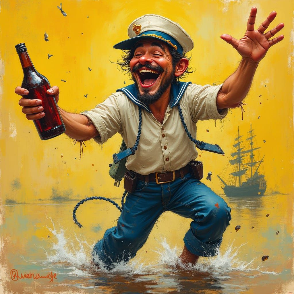 Sailor in Joyful Recklessness Sings and Dances with Bottle o...