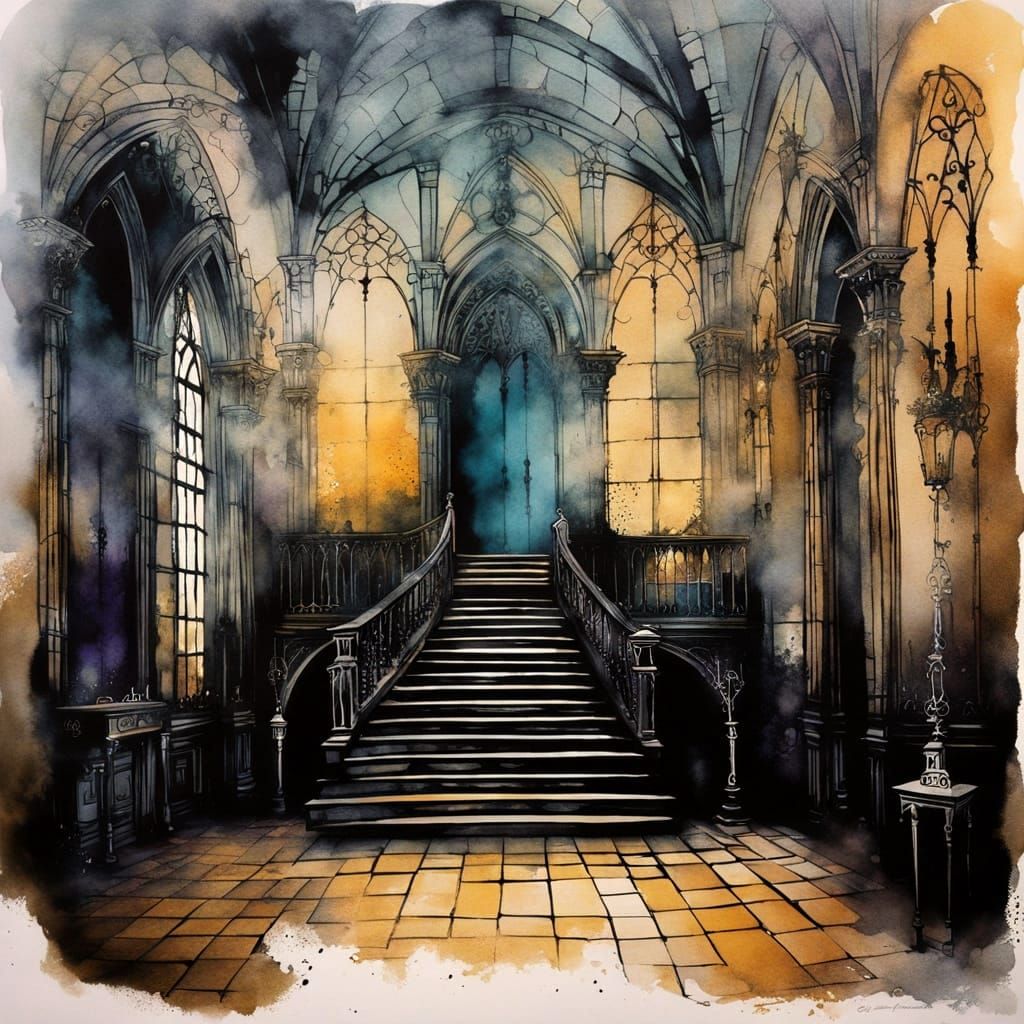 Haunted Ballroom with Smokey Mist in Gothic Baroque Interior