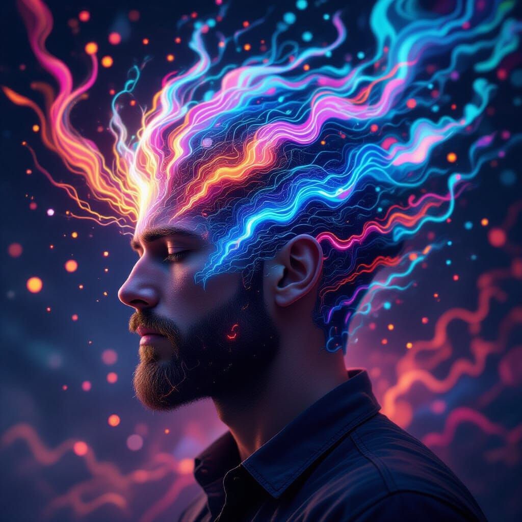 Man's Mind Filled With Swirling Code and Abstract Digital Ar...