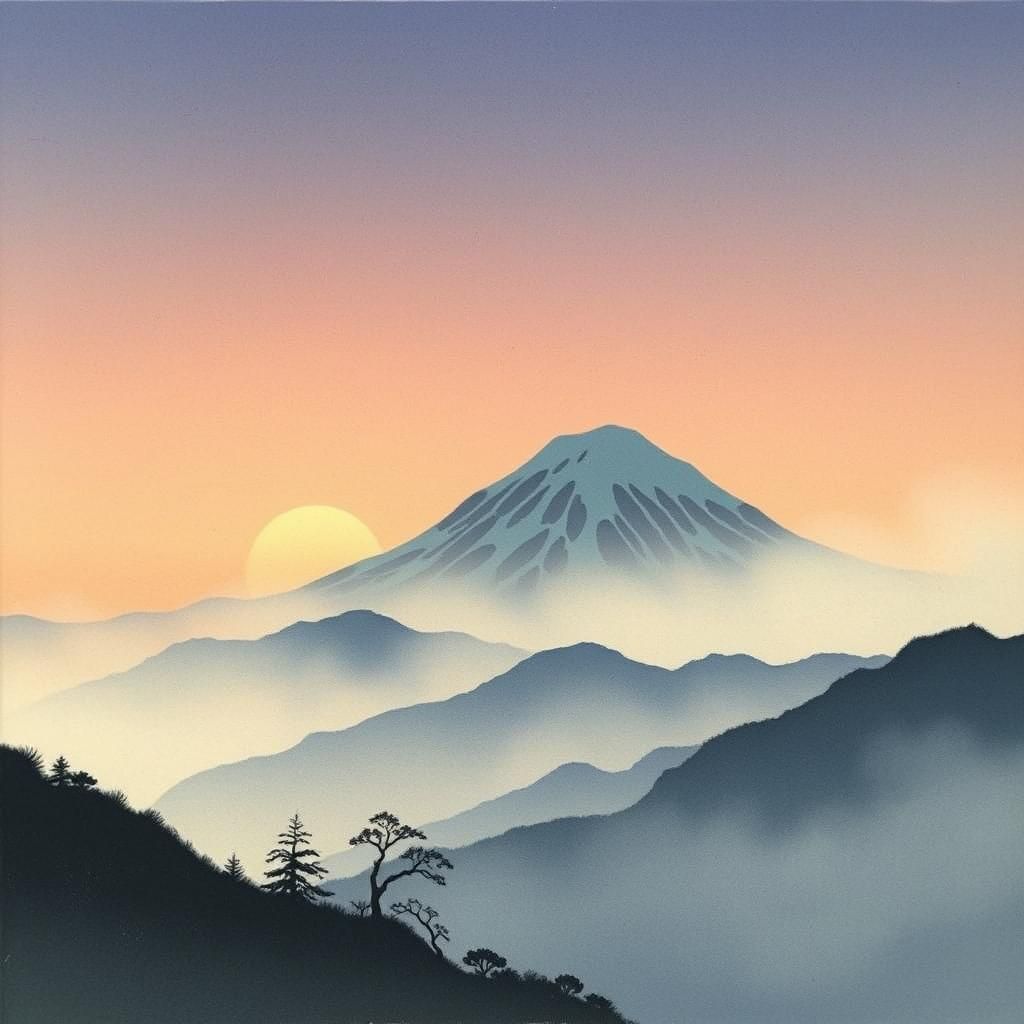 Misty Mountain Landscape in Japanese Art Style