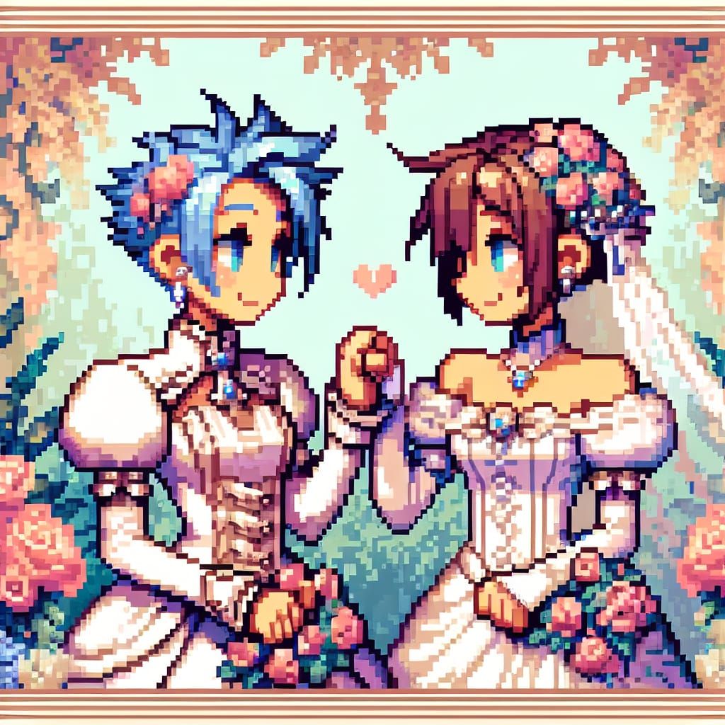 Two Women in Wedding Dresses, Pixel Art Style