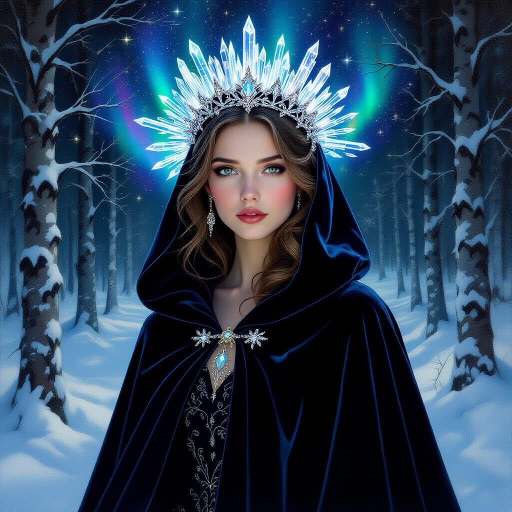 Ethereal Woman with Aurora Crown in Pre-Raphaelite Style