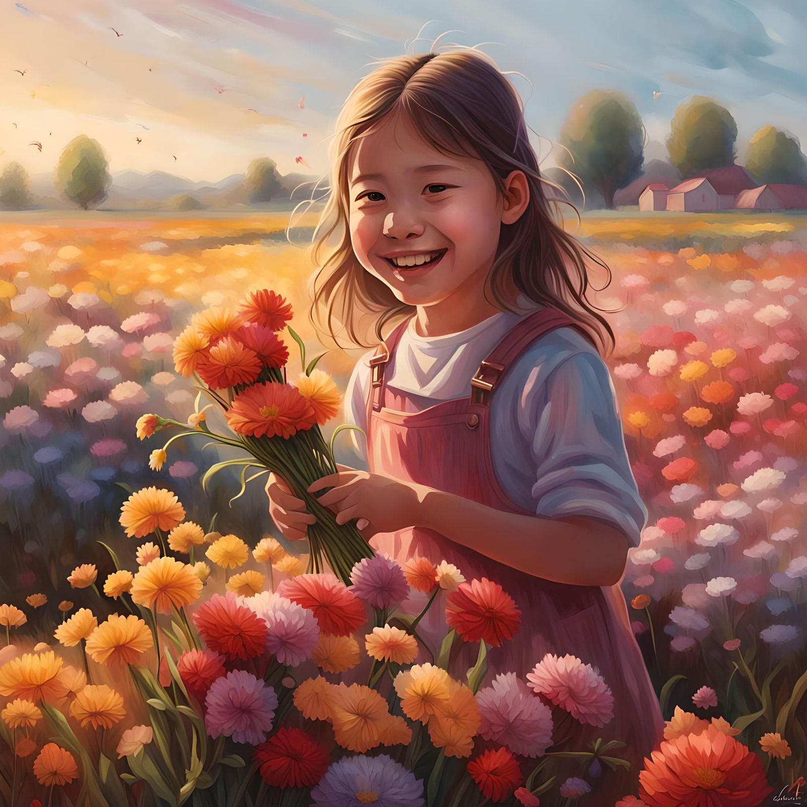 Girl Picks Flowers in Hyperrealistic Flower Field