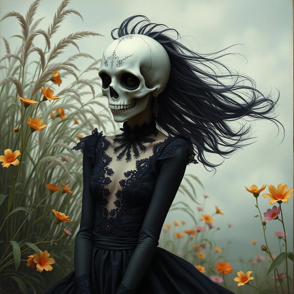 Macabre Emo Portrait in Oil with Skull Head