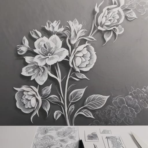 Ink Drawing Of A Flower-Covered Wall With High Contrast