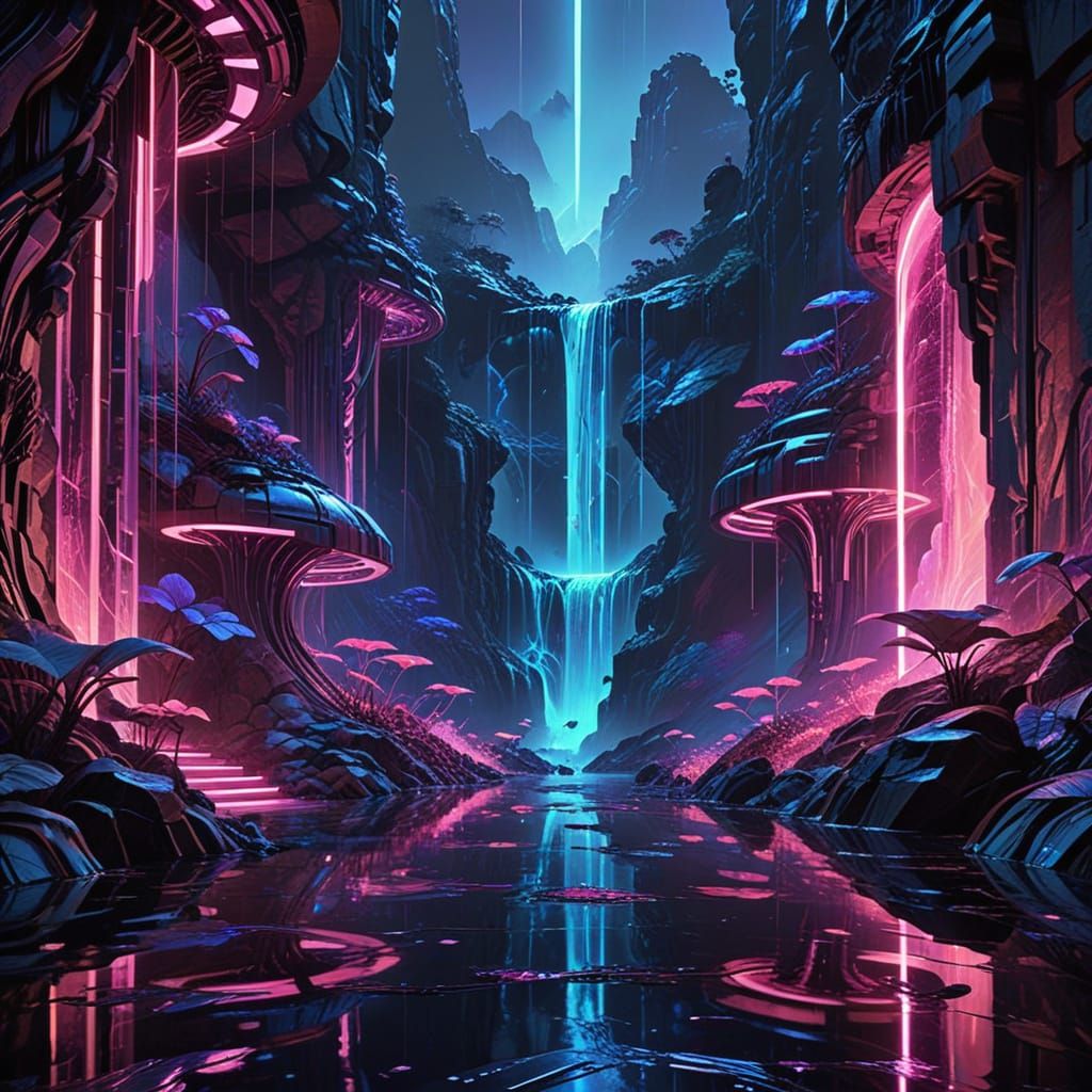 Surreal Futuristic Landscape with Neon Waterfalls and Disco ...
