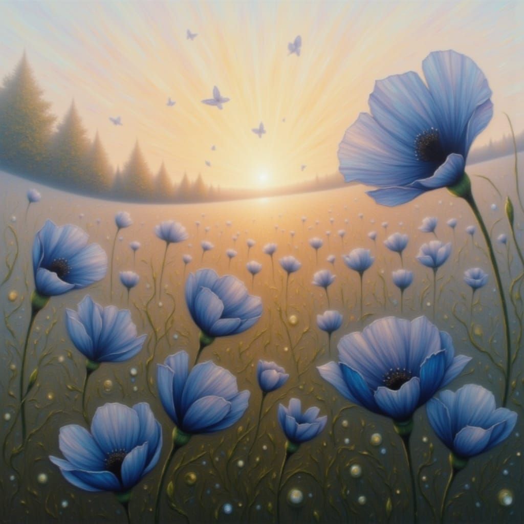 Blue Poppy Field at Sunset in Watercolor Style