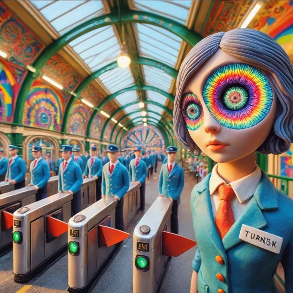 Surreal Train Station with Kaleidoscope Girl