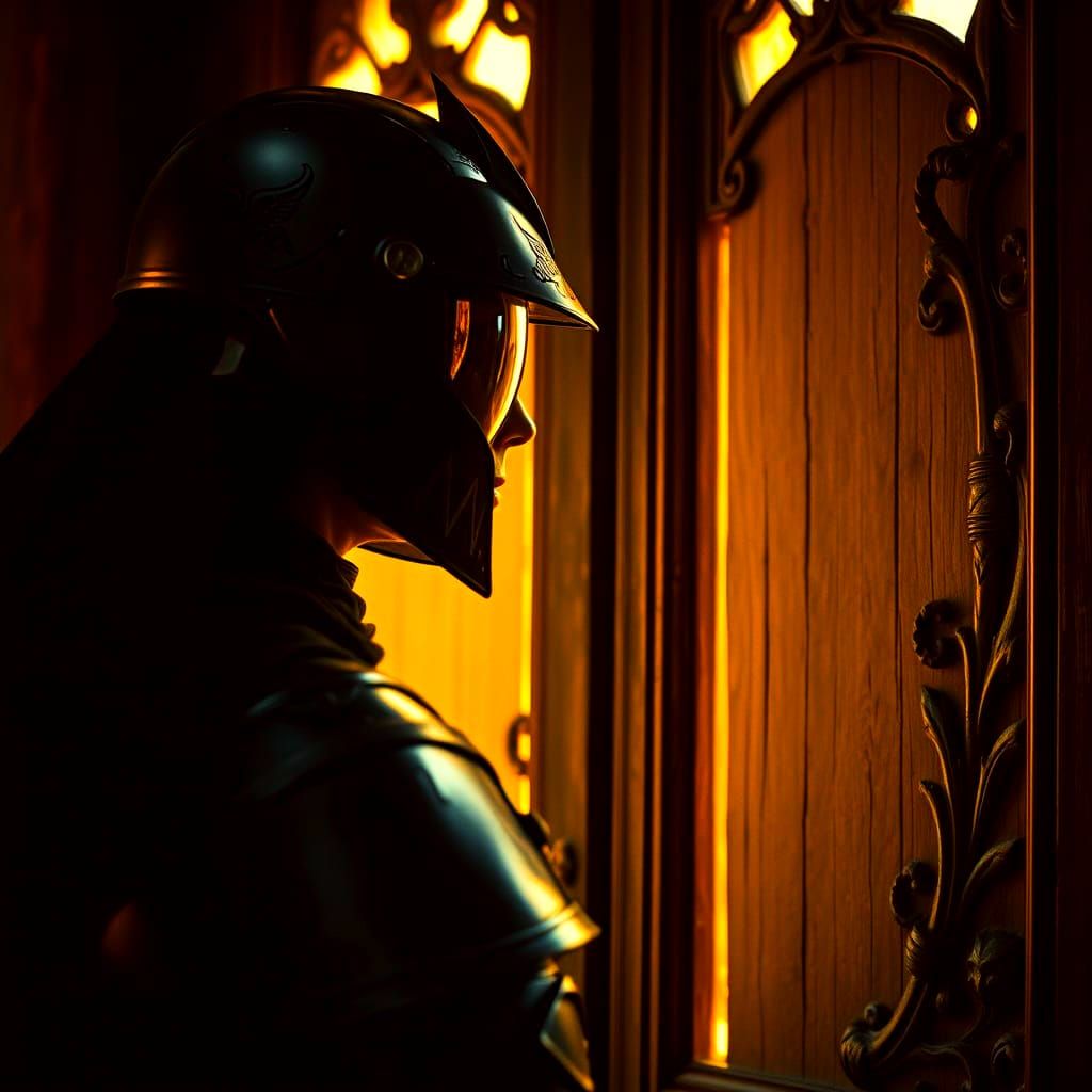 Ethereal Metal Goddess Gazing Out Through Golden Wood Pane