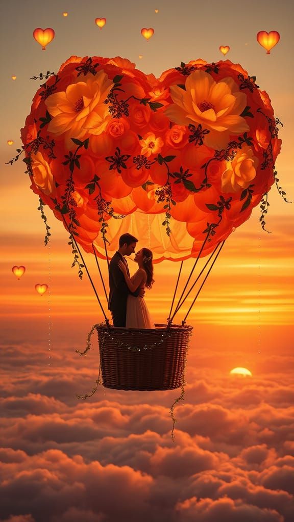 Surreal Sunset Scene with Glowing Hot Air Balloon and Lovers