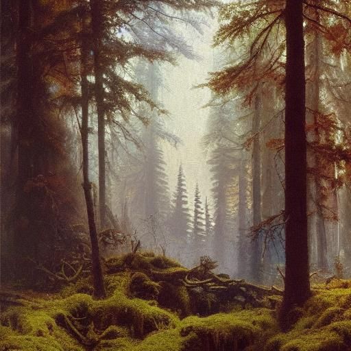Luminist Oil Painting: Ancient Forest of Evergreens