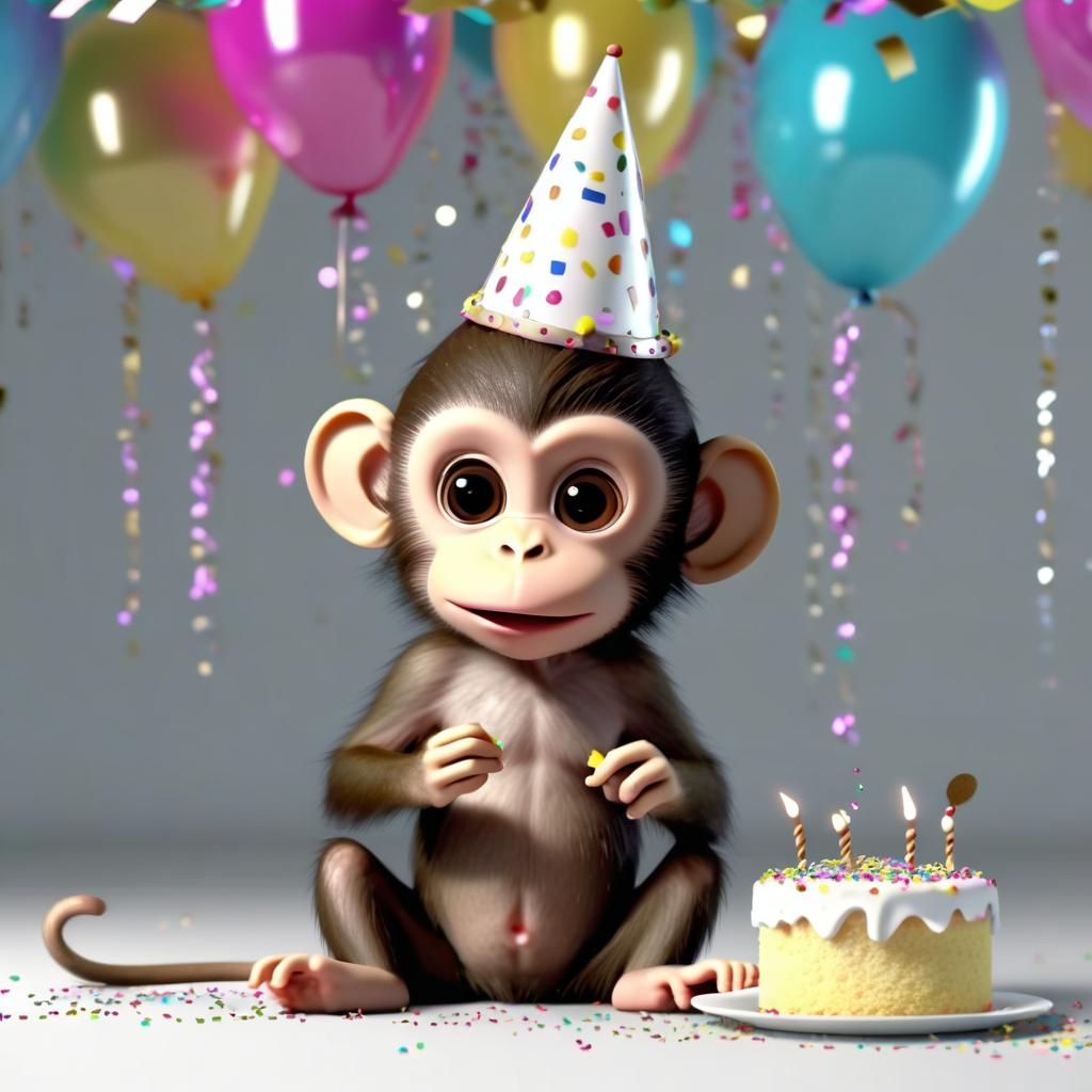 Cute Monkey Celebrates with Cake in Chibi CGI Style
