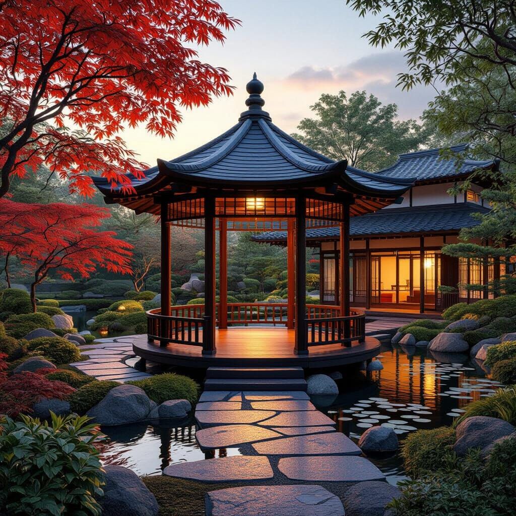 Elegant Japanese Gazebo in Blooming Summer Garden at Golden ...