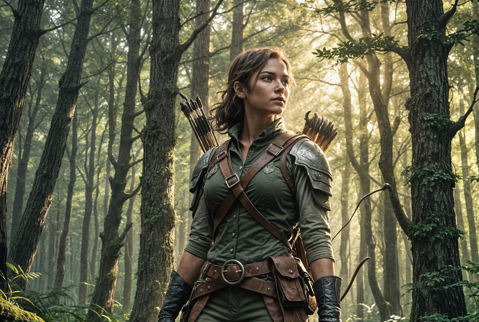 Tough Female Ranger in Forest Fantasy Milieu