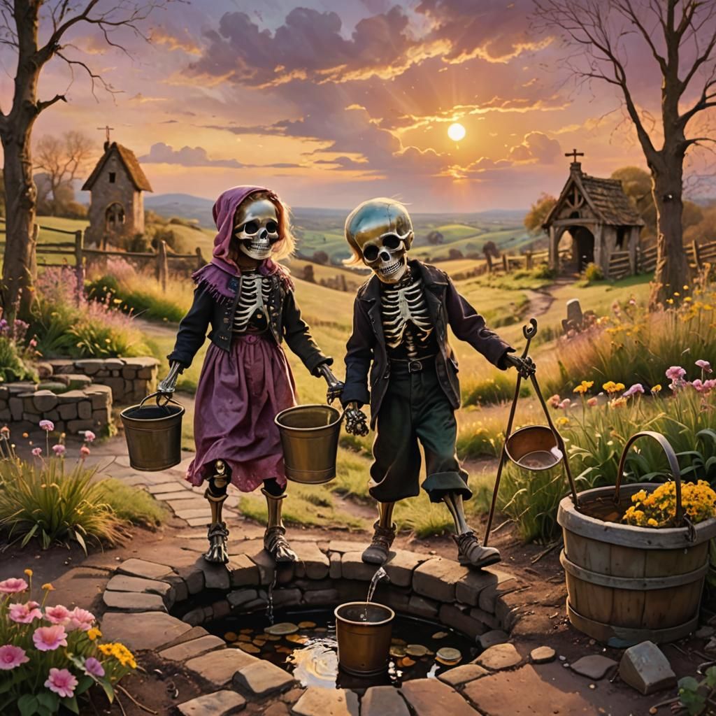 Skeleton Children Tumbling Down Hill at Sunset