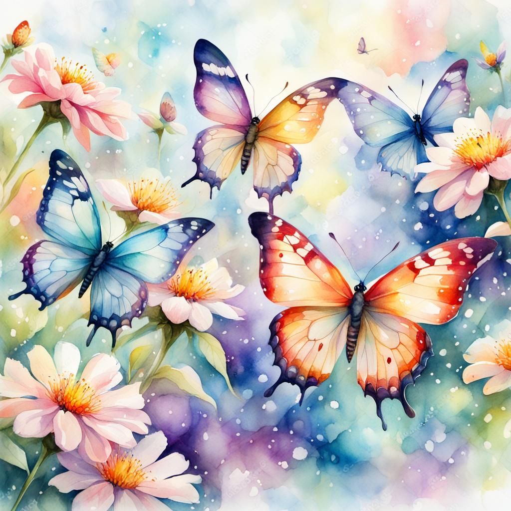 Colorful Butterflies in Watercolor Garden: Macro Photography