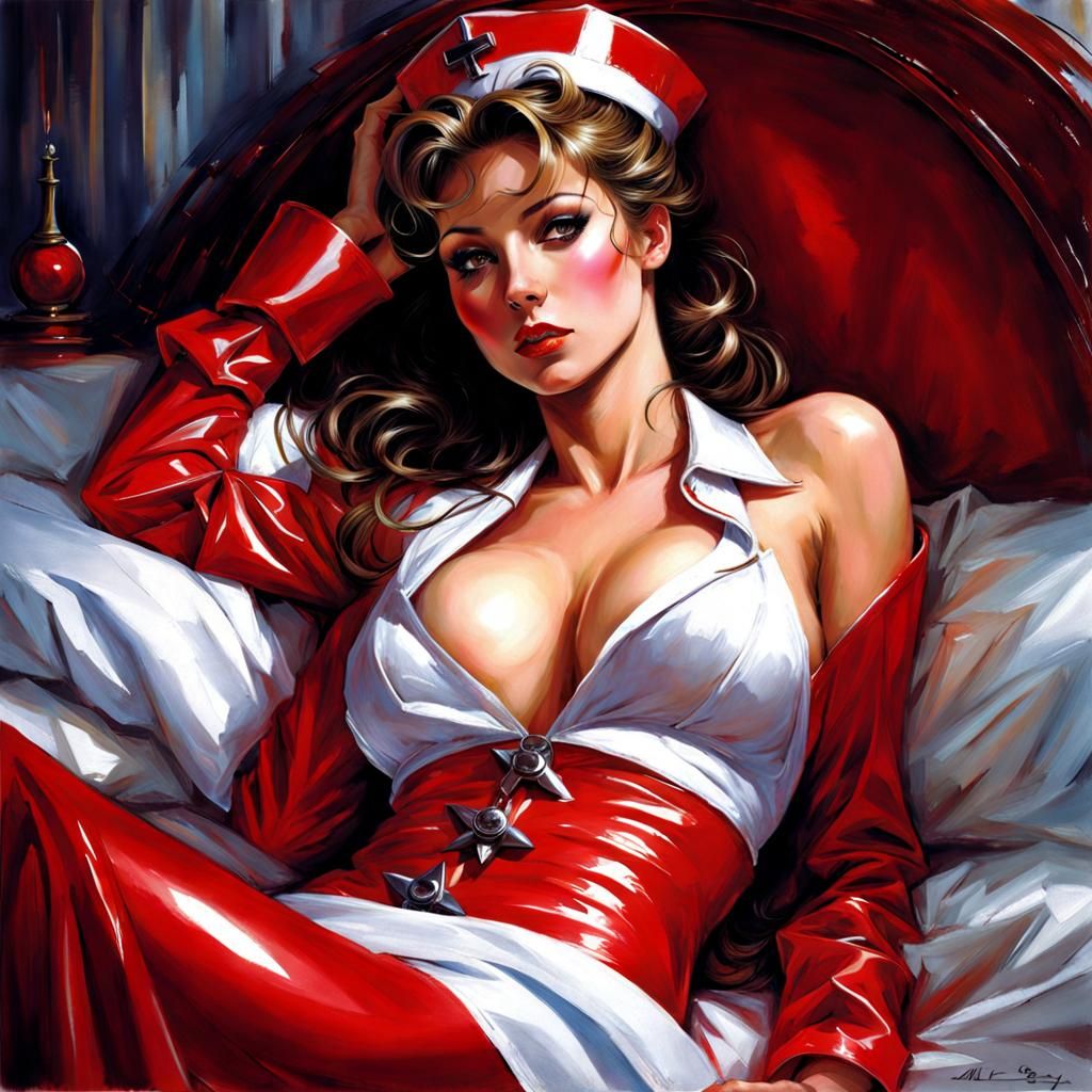Beautiful French Nurse in Red Latex Outfit